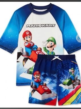 Nintendo Mario Kart Boys Blue and White Rash Guard Swim Set